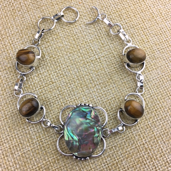 New Abalone & Tigers Eye Gemstone Silver Overlay Bracelet 7 1/4 & 8 - Picture 8 of 8